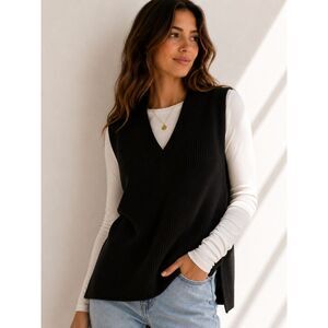Double Zero Black Ribbed Sweater Vest Women's Large Side Slit Knit Top